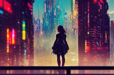 Premium Photo Silhouette Of Cyberpunk Girl In A Dress At Night A Neon