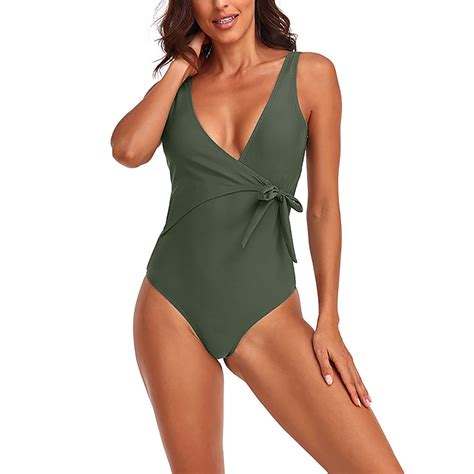 Weaiximiung Women S Solid Color Stitching Lace Up Deep V Swimsuit