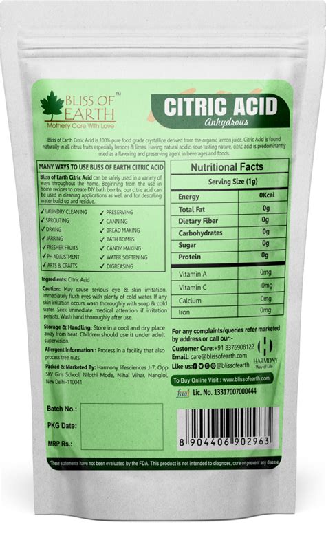 Bliss Of Earth Citric Acid 100 Pure Food Grade Lemon Crystals Anhydrous Citric Acid Powder For