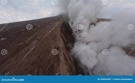 Aerial View Active Erupting Volcano Summit Hot Lava Smoke Stream