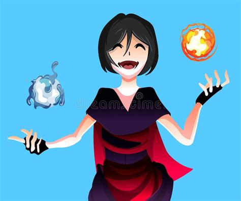 Anime Girl Sorceress With The Magic Of The Elements Of Water And Fire Spheres Vector Stock