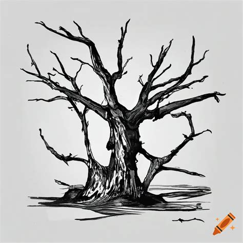 Black And White Ink Drawing Of A Split Dead Tree