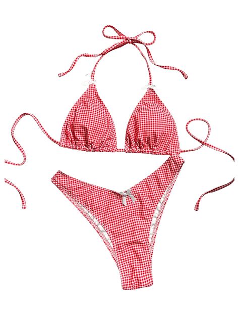 GORGLITTER Women S Gingham Bikini Set Bow High Cut Thong Halter Triangle Top Swimsuit Bathing