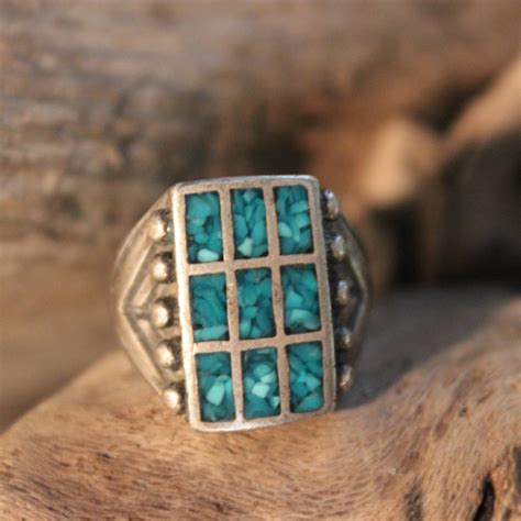 Large Mens Ring Navajo Sterling Silver Turquoise Chip Inlay Ring Heavy