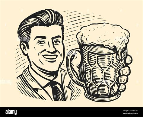 Happy Man With Glass Beer Mug Hand Drawn Vector Retro Illustration In