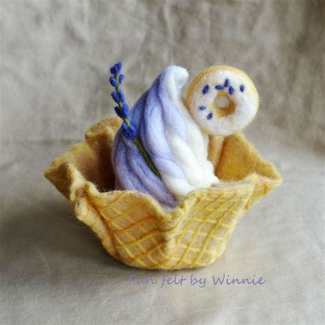 Needle Felted Lavender Ice Cream In Waffle Bowl Handmade Ooak Felt