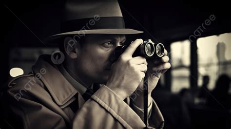 Man In A Trench Coat Looks Through Binoculars Background Spy Pictures Background Image And