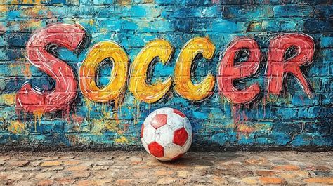 Graffiti Style Soccer Text On Brick Wall With Soccer Ball Below Text