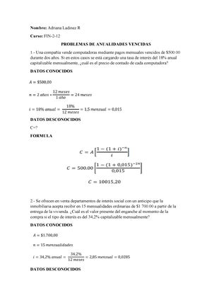 Tarea Realizar Los Ejercicios De Anualidades Matematica