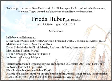 Traueranzeigen Von Frieda Huber Mittelbayerische Trauer