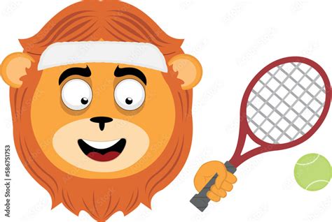 vector illustration face of a cartoon lion with a headband, a racket ...