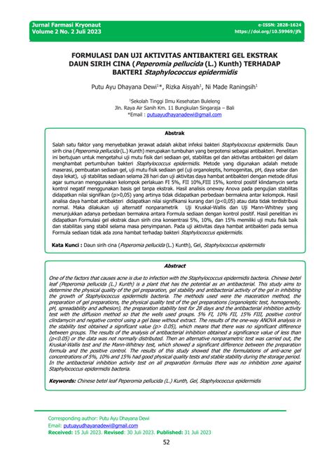 Pdf Formulasi Dan Uji Aktivitas Antibakteri Gel Anti Jerawat Ekstrak