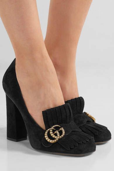 Gucci Marmont Fringed Logo And Faux Pearl Embellished Suede Pumps