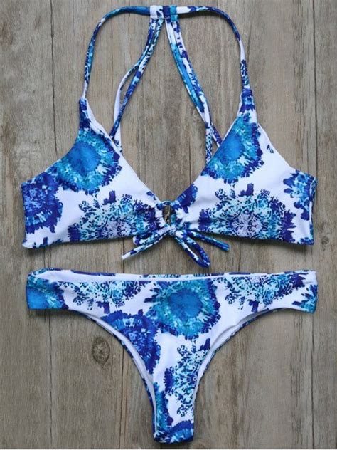 2018 String Printed Strappy Bikini Set In BLUE M ZAFUL