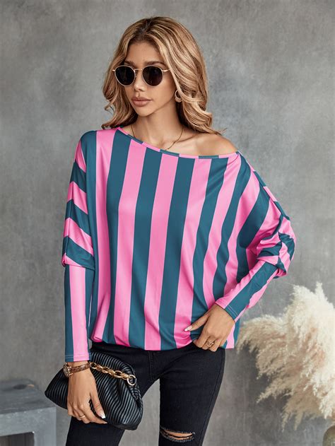 SHEIN Clasi Striped Print Batwing Sleeve Tee SHEIN USA