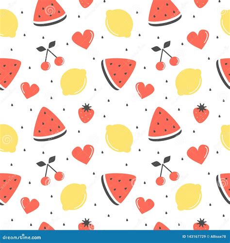 Cute Fresh Summer Fruits Seamless Vector Pattern Background