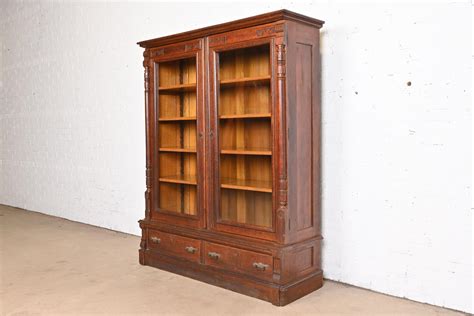 Antique Eastlake Victorian Carved Oak Bookcase Circa 1880s For Sale At