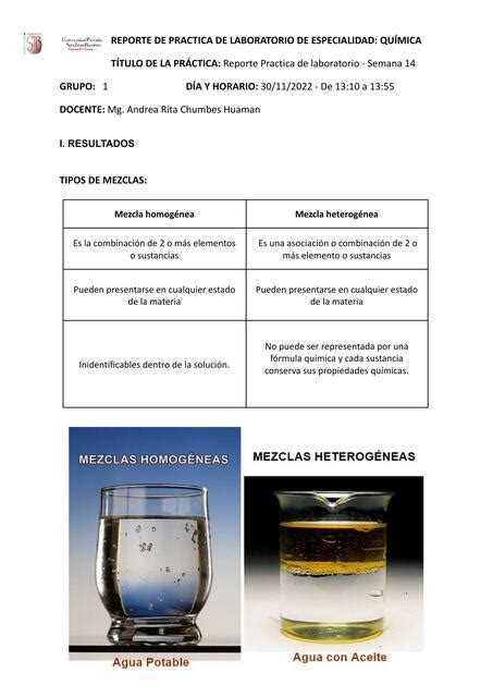 Reporte De Práctica De Laboratorio De Especialidad Química Tipos De