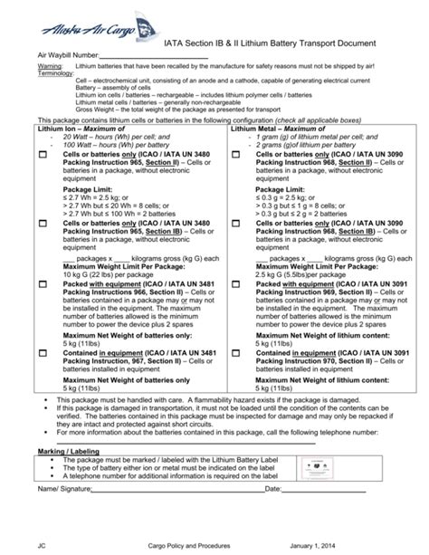 Page Iata Section Ib Ii Lithium Battery Transport Document Jc