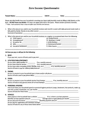 Fillable Online Zero Income Questionnaire Fax Email Print Pdffiller