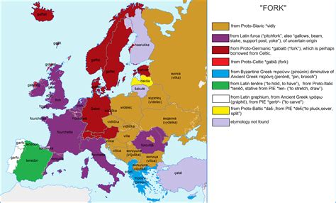 Etymology map for the word "fork" in Europe : r/etymologymaps