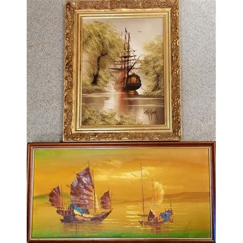 2 Vintage Oil Paintings Of Ships Inc 1 By Tom Gower 41cm X Barnebys