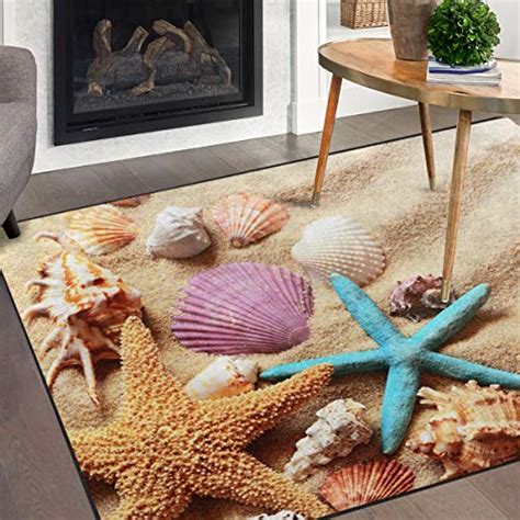 Naanle Summer Ocean Area Rug 5x7 Starfish Seashells On Sandy Beach