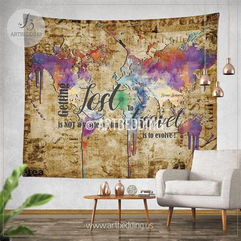 Wanderlust Quote wall Tapestry, Boho spirit wall hanging, Grunge world map wall tapestries ...