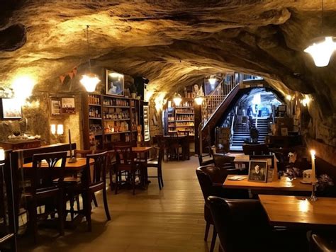 Premium AI Image | A restaurant with a cave in the background