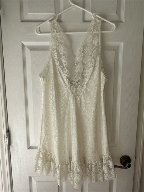 Val Mode Lingerie Cream Satin Chemise Slip Dress Lace Gem