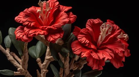 Una Flor Roja Con Hojas Verdes Y Un Fondo Negro Foto Premium