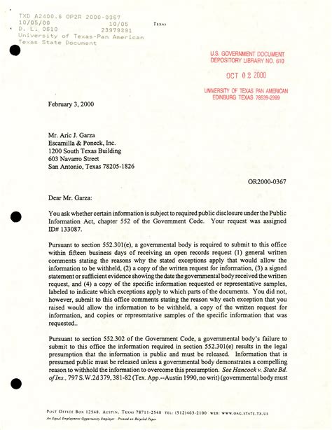 Texas Attorney General Open Records Letter Ruling: OR2000-0367 - The