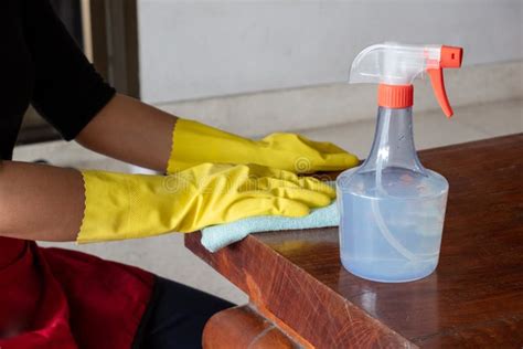 The Happy Housewives In Rubber Gloves Wipe The Dust With A Spray While