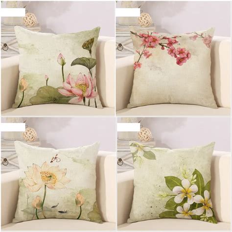 Chinese Fresh Lotus Cushion Pillow Sofa Throw Pillowcase Decorate Retro