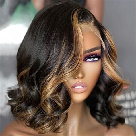 Blonde Highlight Glueless Short Body Wave Lace Front Wigs Human Hair Pre Plucked