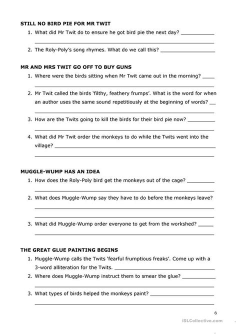 Reading Comprehension Worksheet For The Twits By Roald Dahl