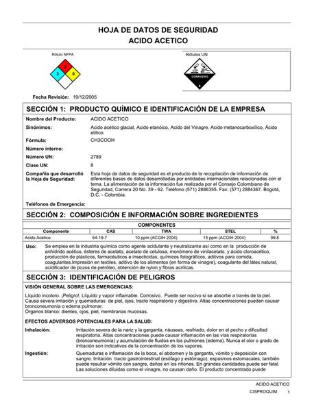 Hoja De Datos De Seguridad Acido Acetico