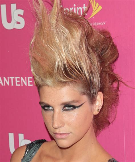 Kesha Medium Wavy Light Blonde Updo Hairstyle With Pink Highlights