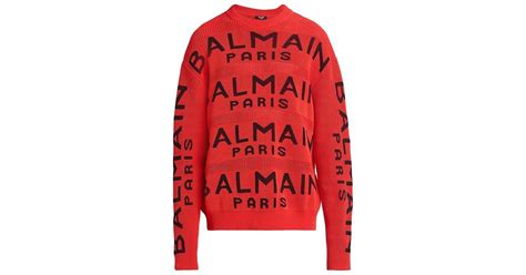 Balmain Jacquard Logo Sweater In Red For Men Lyst