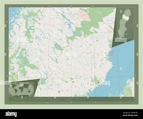 Vasterbotten, county of Sweden. Open Street Map. Corner auxiliary ...