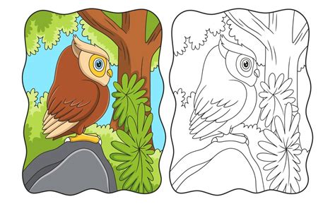 cartoon illustration side view of an owl perched on a large rock under ...