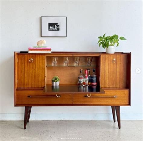 Vintage Mid Century Modern Teak Brass Cocktail Cabinet By Lebus