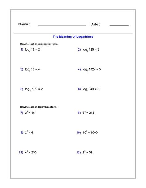 The Meaning Of Logarithms Worksheets Algebra Exponential