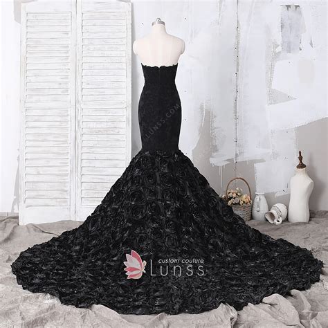 Black Strapless 3D Rose Long Train Mermaid Prom Dress Lunss