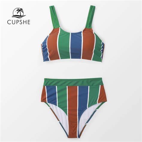 CUPSHE Stripe High Waisted Tank Bikini Sets Women Boho Two Pieces