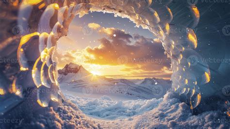 Ai Generated The Sunset Shines Through The Hole In An Ice Cave