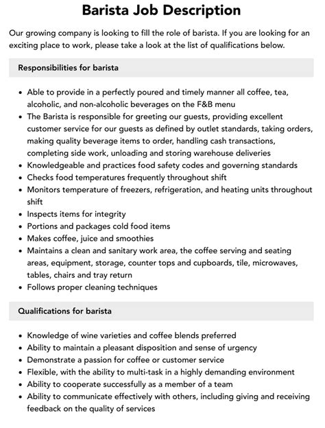 Barista Job Description Velvet Jobs