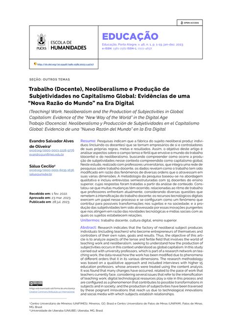 Pdf Trabalho Docente Neoliberalismo E Produção De Subjetividades No Capitalismo Global