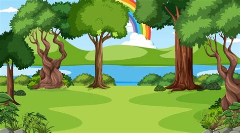 Nature forest scene with rainbow in the sky 7109613 Vector Art at Vecteezy