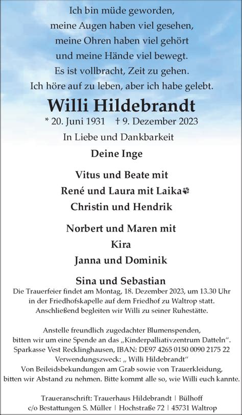 Traueranzeigen Von Willi Hildebrandt Sich Erinnern De